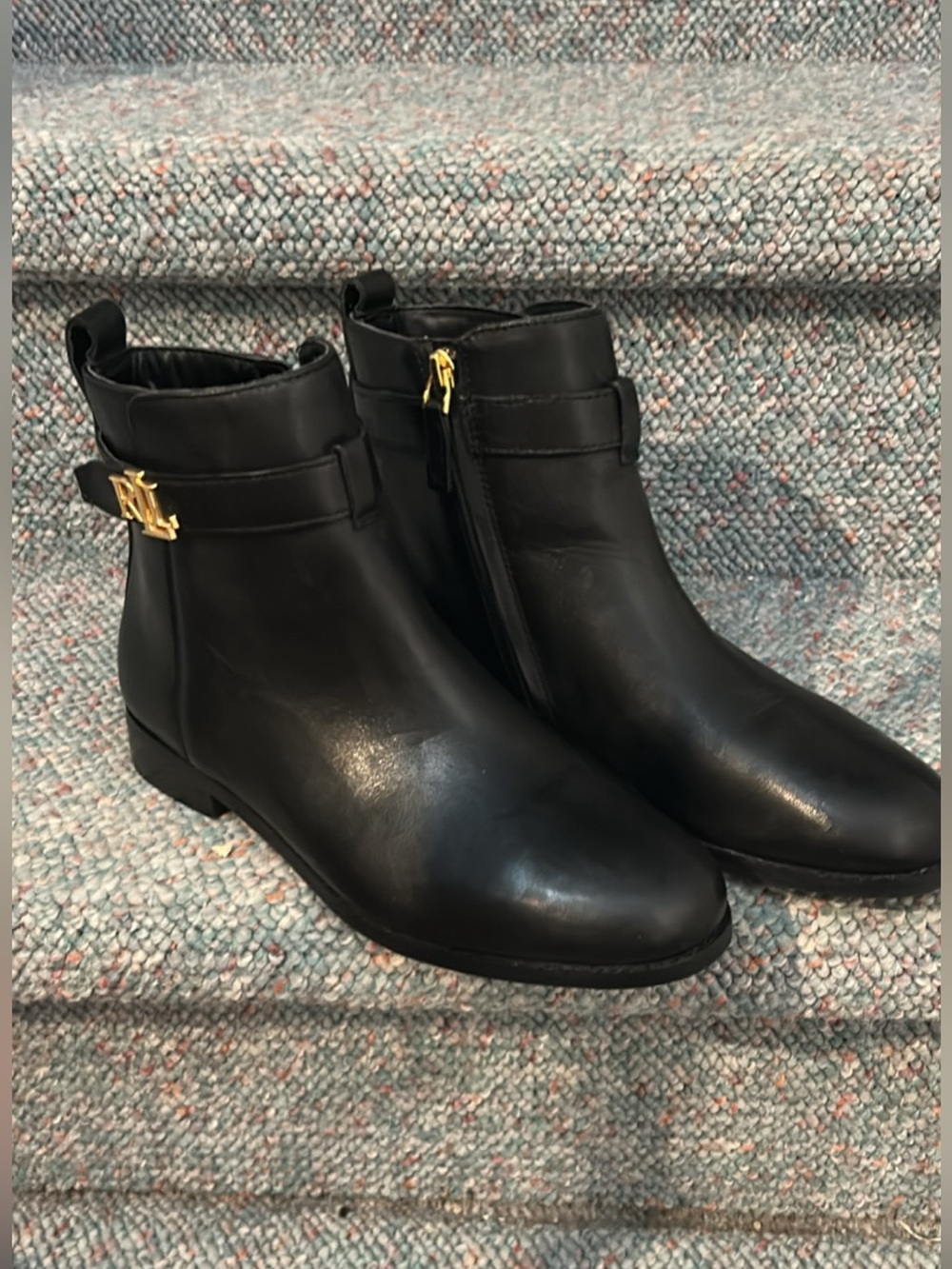 Ralph Lauren Black Leather Ankle Booties with Gold RL Accent - Picture 6 of 7